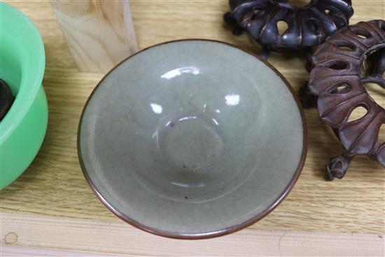 Three Chinese hardwood stands and three bowls